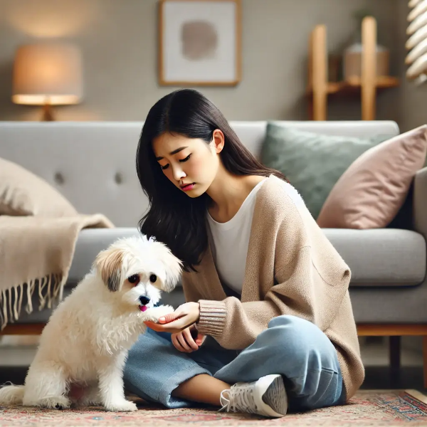 반려견의 계속되는 발 핥기를 걱정스럽게 바라보며 발을 살피는 동양인 젊은 여성
