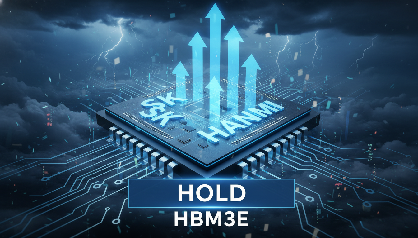 폭락장 속에서도 상승하는 한미반도체와 SK하이닉스의 HBM3E 칩 3D 일러스트