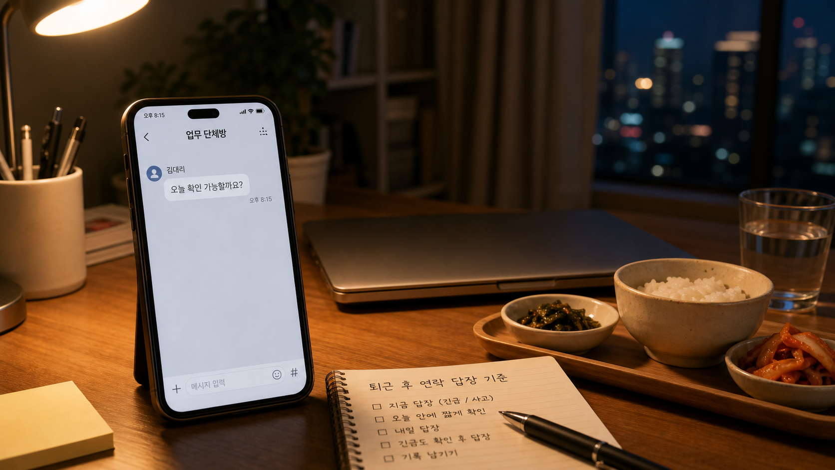 저녁 책상 위 스마트폰에 회사 업무 메신저 알림이 떠 있는 모습
