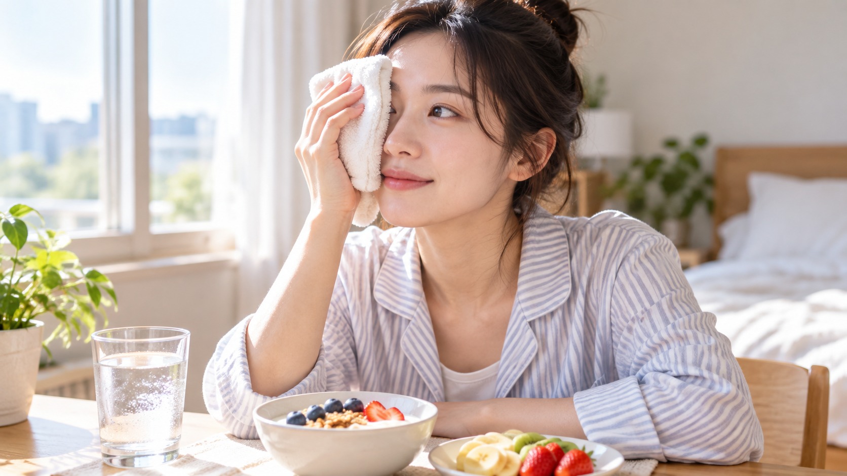 아침 햇살 아래 차가운 수건을 눈가에 대며 쉬는 여성
