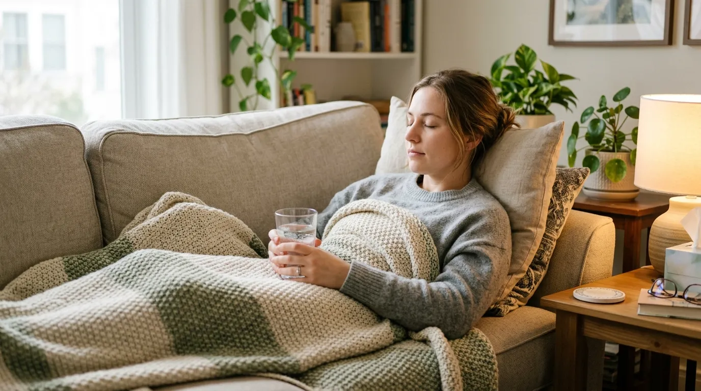 소파에서 담요를 덮고 물잔을 들고 쉬는 사람