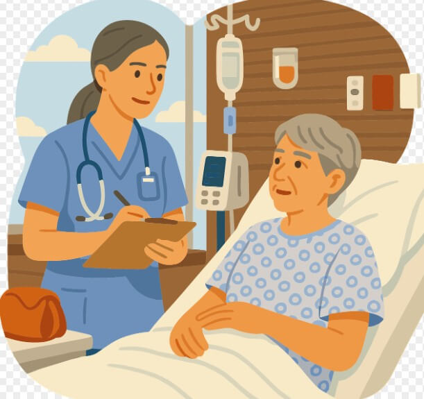 간호사가 환자의 상태를 체크하고 있음