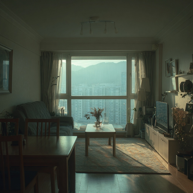 가정집 겨울철 적막한 거실 전경