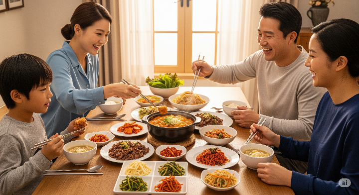 맛있어 보이는 음식들로 가득한 식탁에 앉아 식사하는 가족