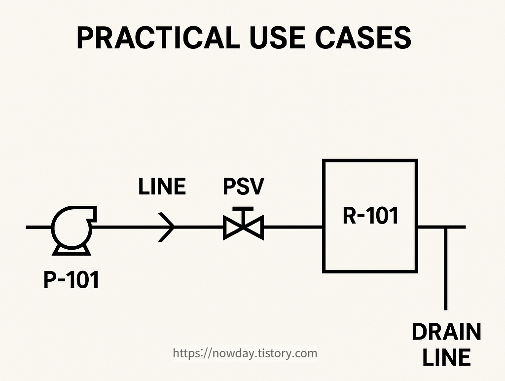 Digital schematic of a process flow with P-101 pump, FCV, PSV, R-101 reactor, and drain line in sequence for P&amp;ID interpretation