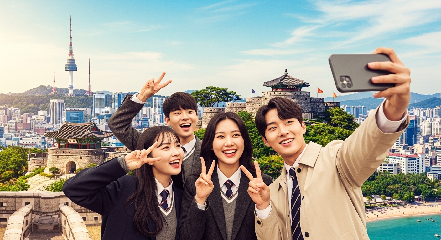 수능을 마친 고등학생 세 명이 수도권 명소를 배경으로 신나게 셀카를 찍는 모습