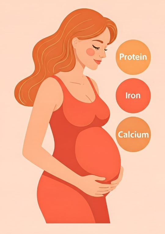 임산부와 단백질, 철분, 칼슘 영문이 그려진 그림