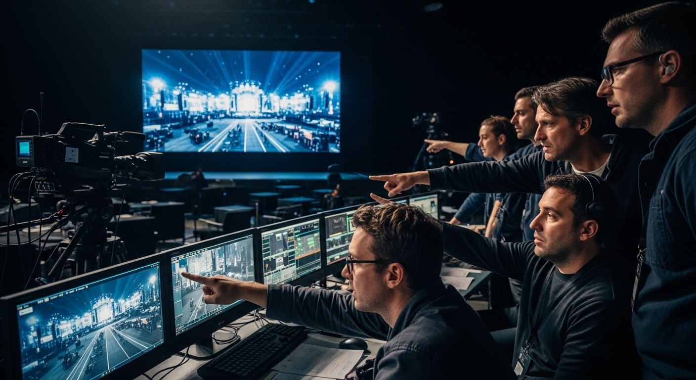 MAMA 어워즈 방송 조정실에서 카메라 사고로 인해 긴급하게 화면을 전환하는 스태프들의 모습.