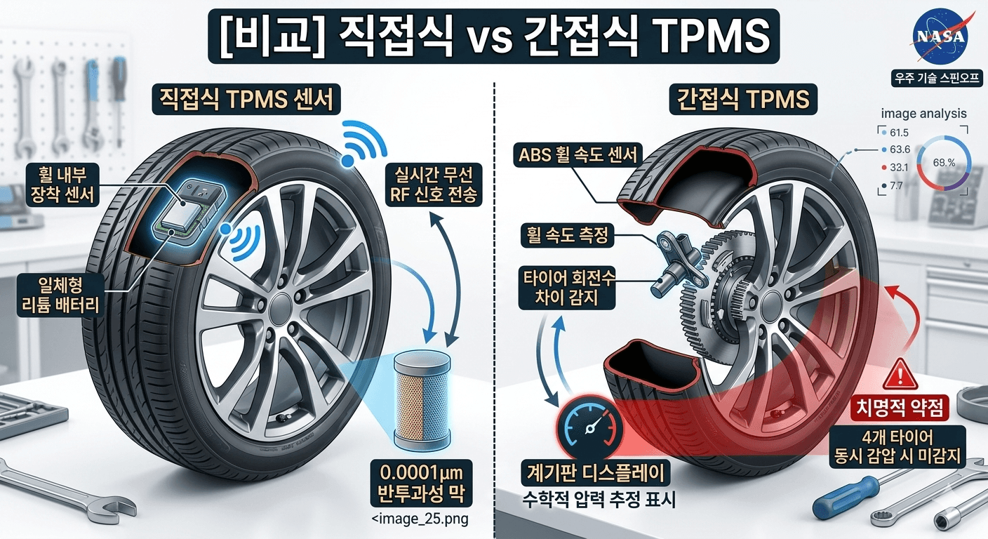 "직접식 vs 간접식 TPMS 센서 구조 비교 인포그래픽"