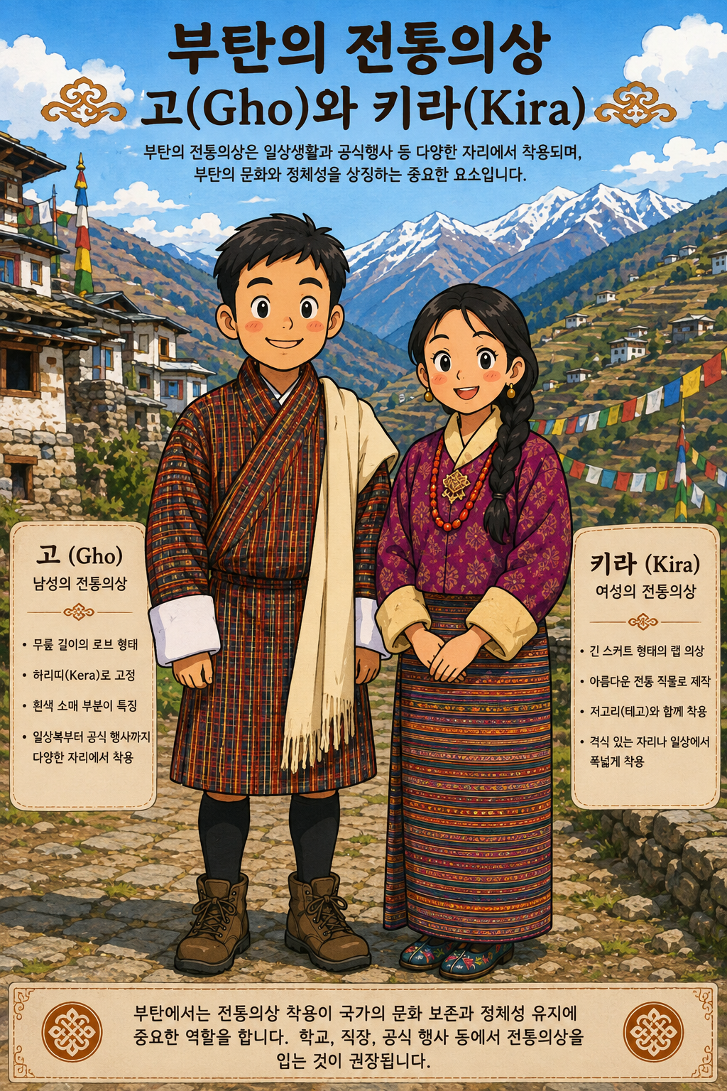 남성의 전통의상은 고(Gho), 여성의 전통의상은 키라(Kira)