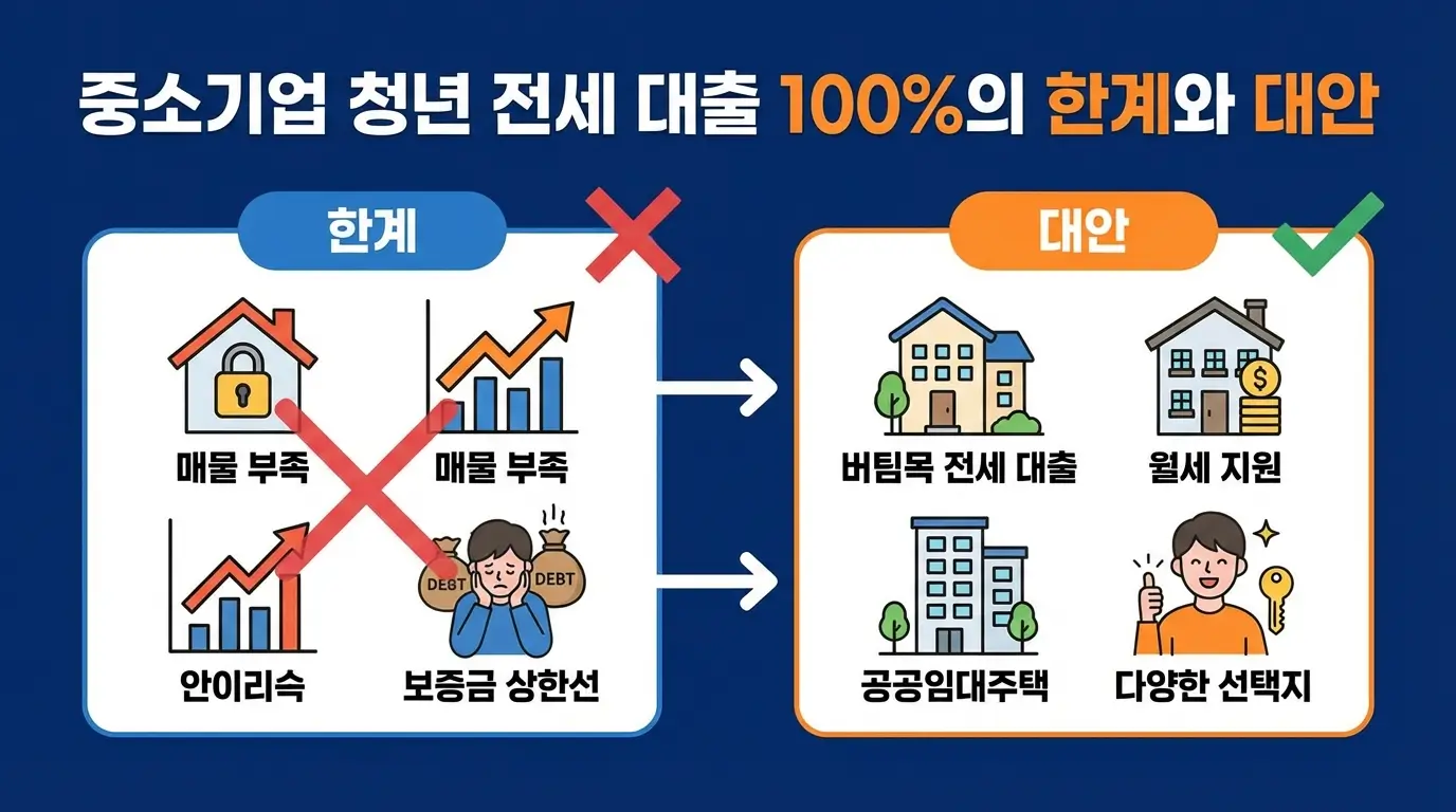 매물이 부족한 중소기업 청년 전세 대출 100%의 한계와 대안을 직관적으로 보여주는 인포그래픽