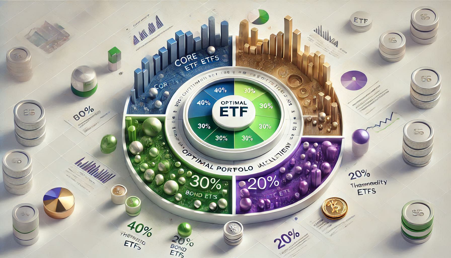 원형 차트로 표현된 ETF 포트폴리오 자산배분도. 코어 ETF, 채권형 ETF, 테마형 ETF, 원자재 ETF의 비중을 색상별로 구분하여 표시한 전문적인 구성