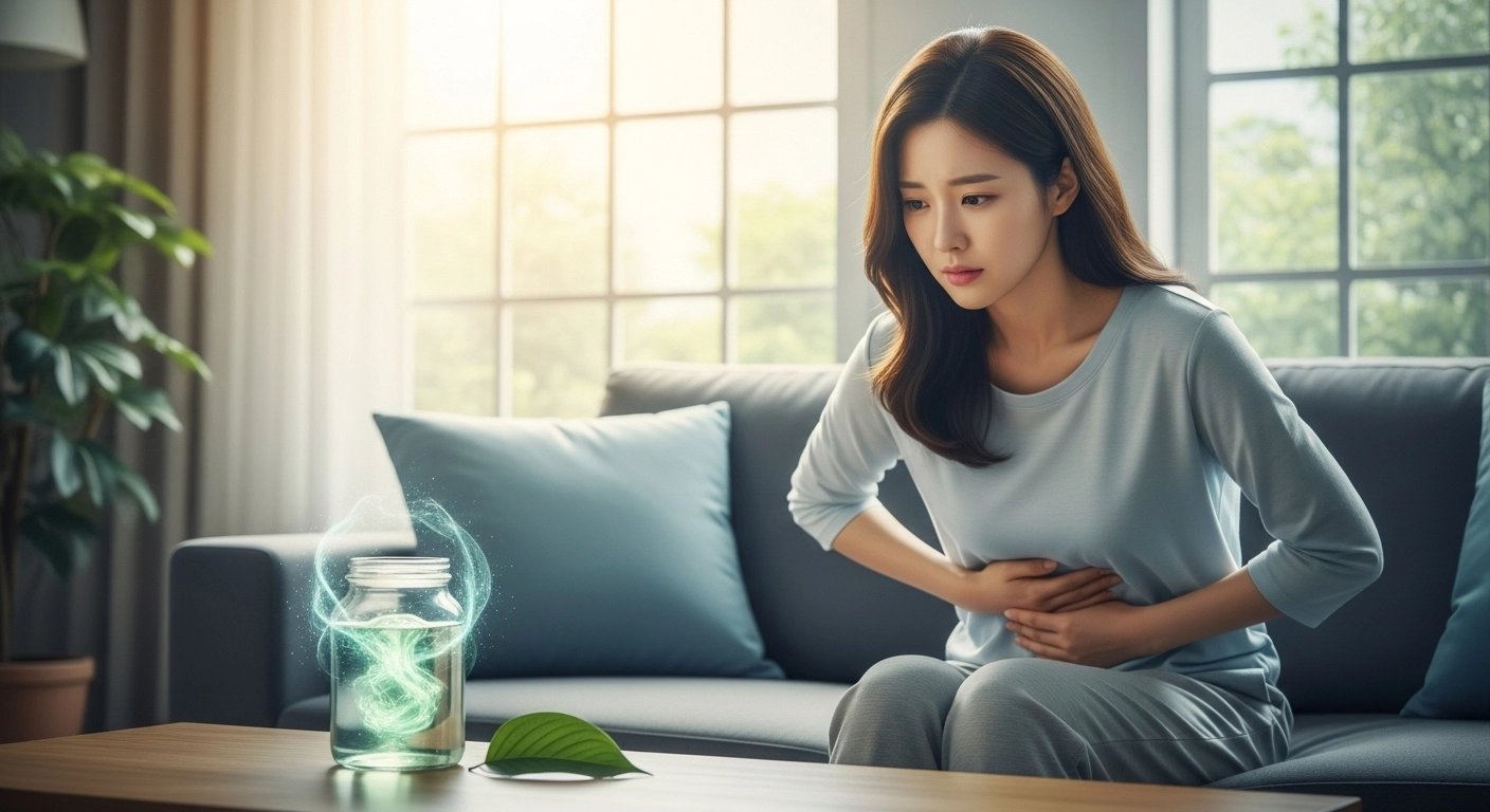 배를 감싸 쥐고 불편함을 느끼는 장면