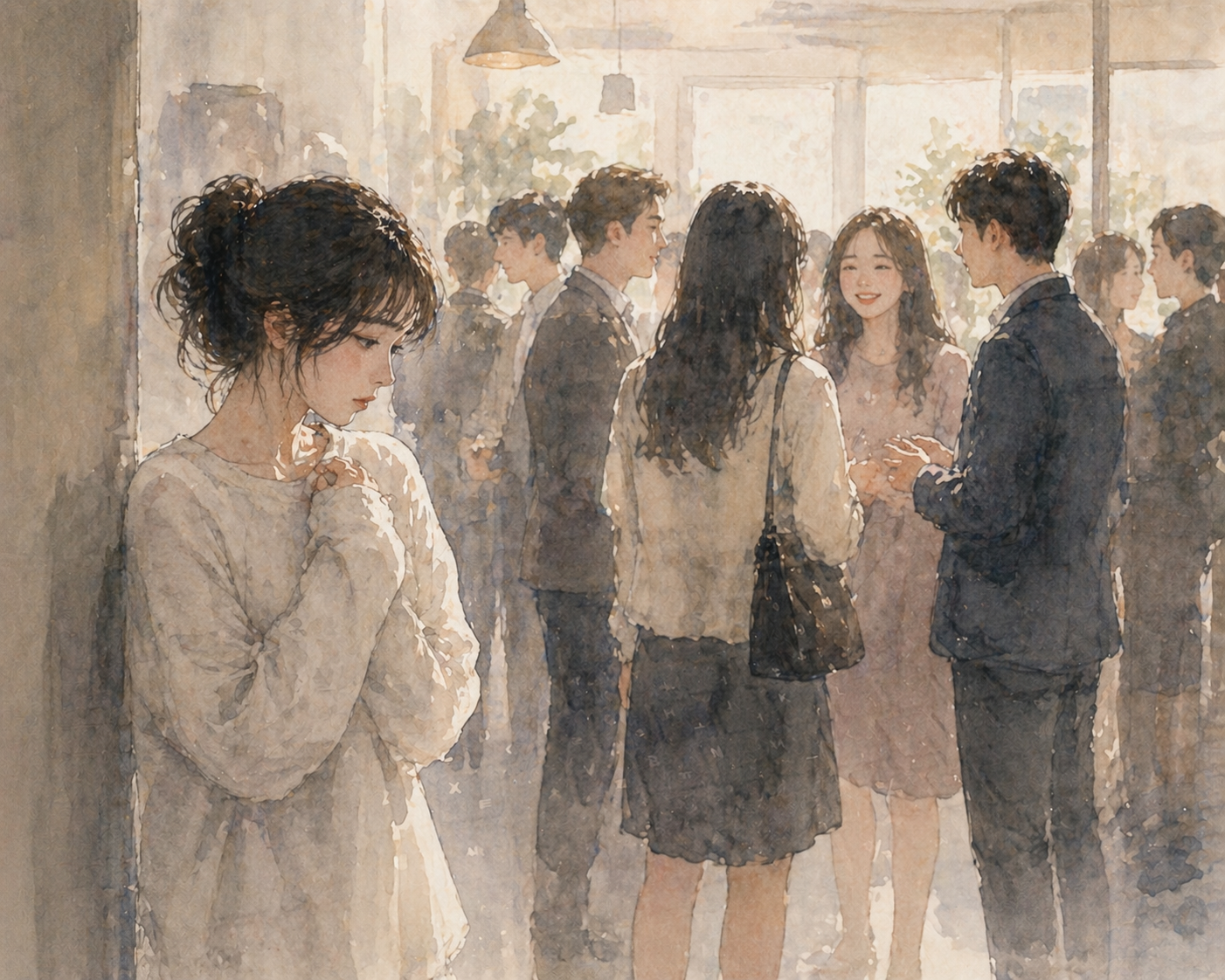 사람들로 어우러진 공간 속에서 혼자 떨어져 서 있는 여성의 수채화 일러스트, 주변을 의식하며 쉽게 다가가지 못하고 눈치를 보는 내면의 불안과 거리감을 표현한