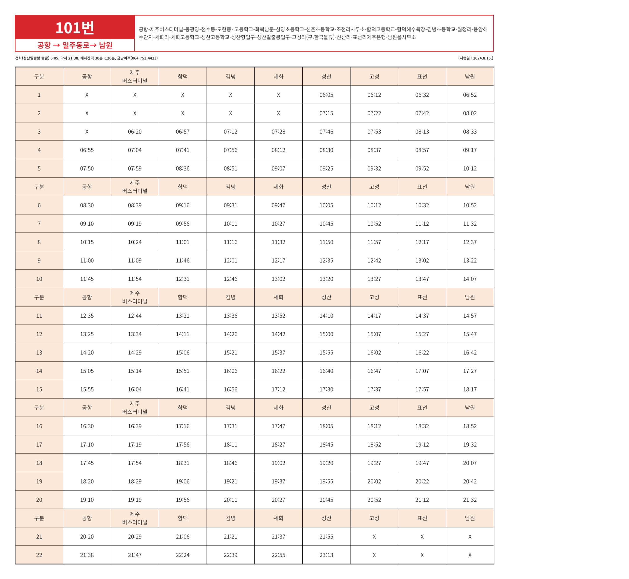101번 버스 제주공항 출발 시간표