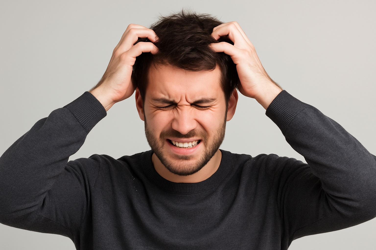 남성이 머리에 비듬으로 간지러워서 힘들어하고 있는 이미지
