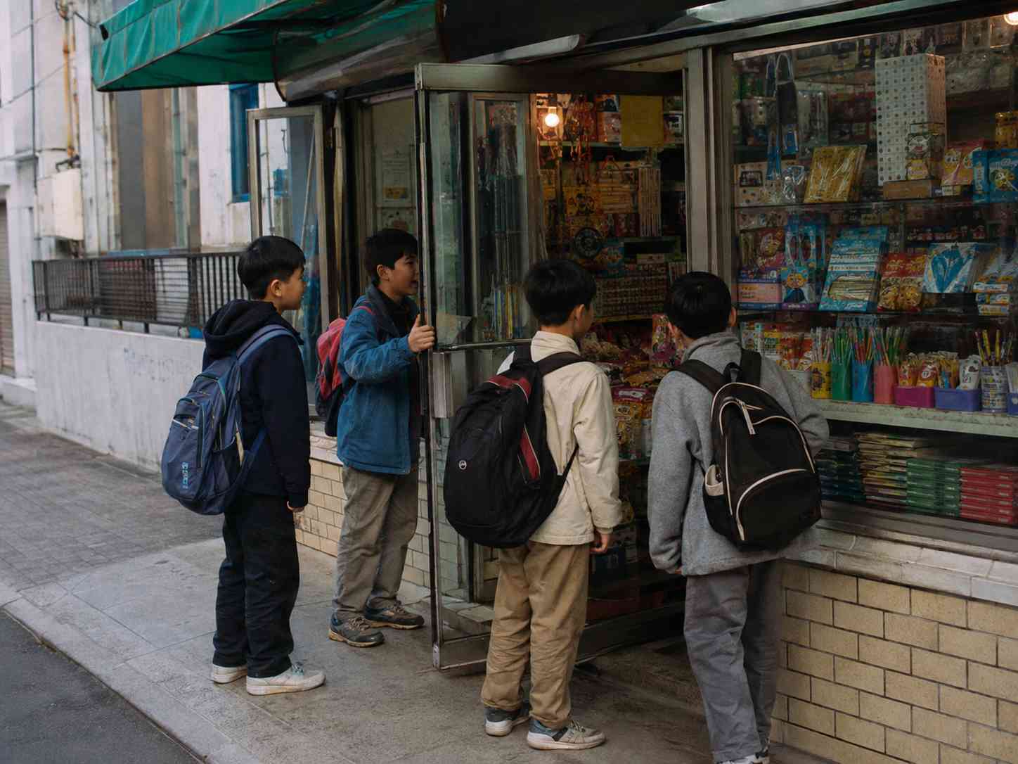 책가방을 멘 네 명의 학생이 오래된 동네 문방구 입구 앞에 서서 진열된 물건을 바라보는 모습