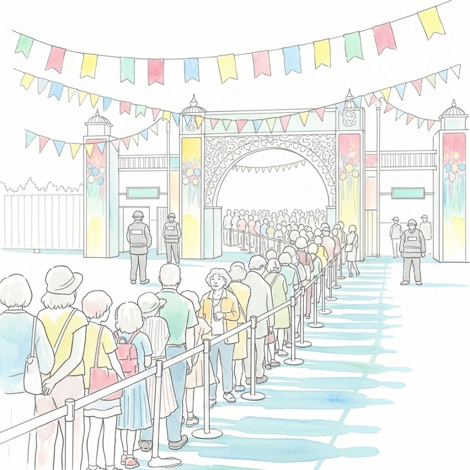 축제 입장을 위해 줄을 서서 기다리는 사람들