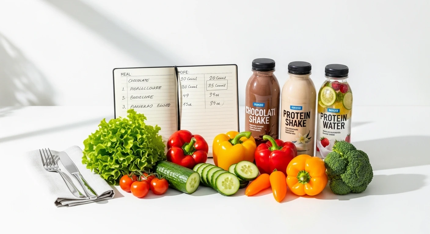 스위치온-다이어트-식단-브로콜리-파프리카-프로틴-음료-당근-방울토마토-오이-샐러드-식단이-적혀-있는-노트-AI이미지