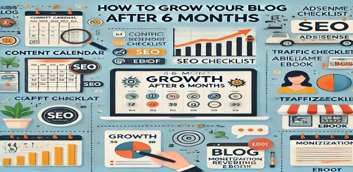 블로그 6개월차 성장 전략과 SEO, 트래픽, 수익화를 설명하는 콘텐츠 체크리스트 인포그래픽