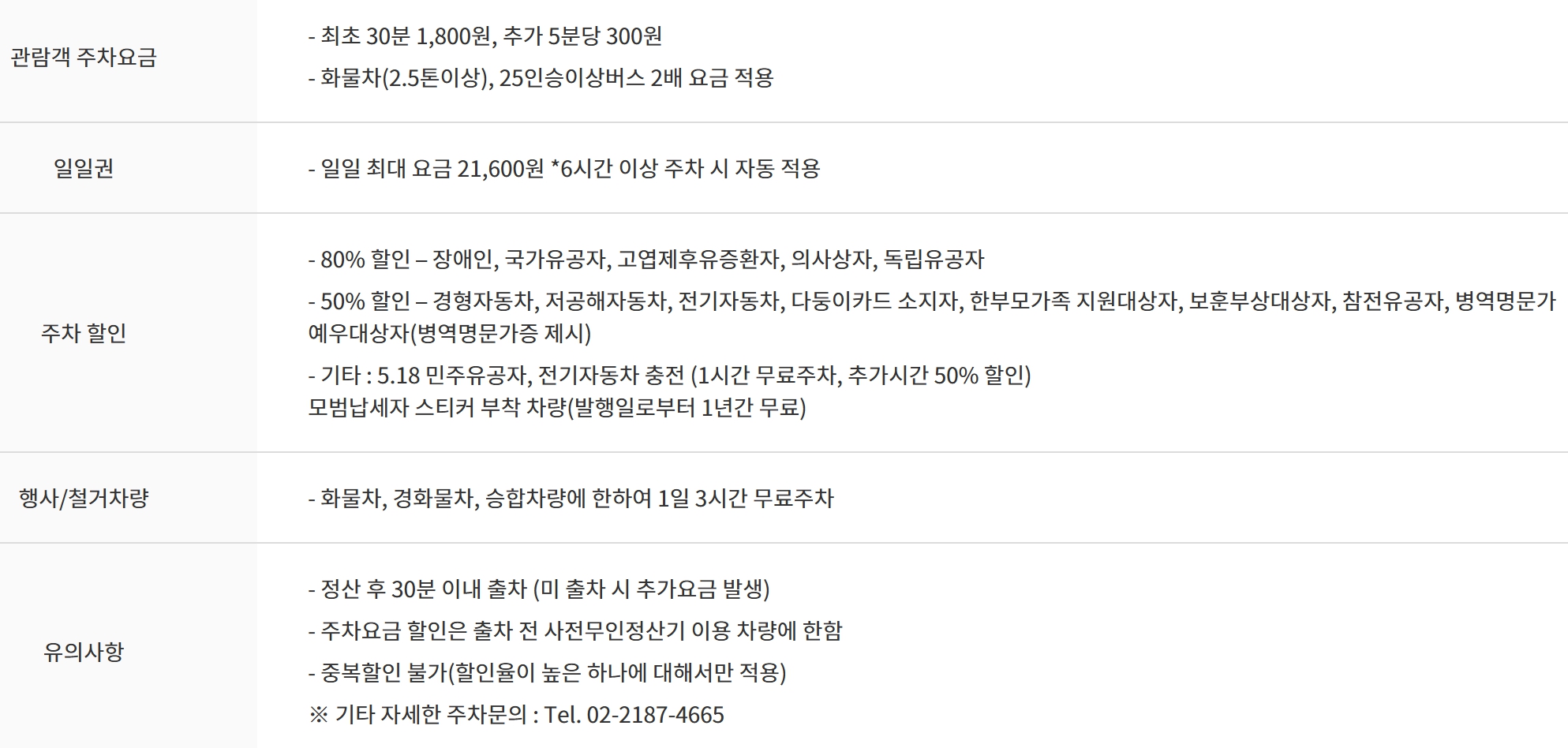 서울 SETEC 주자 요금 안내