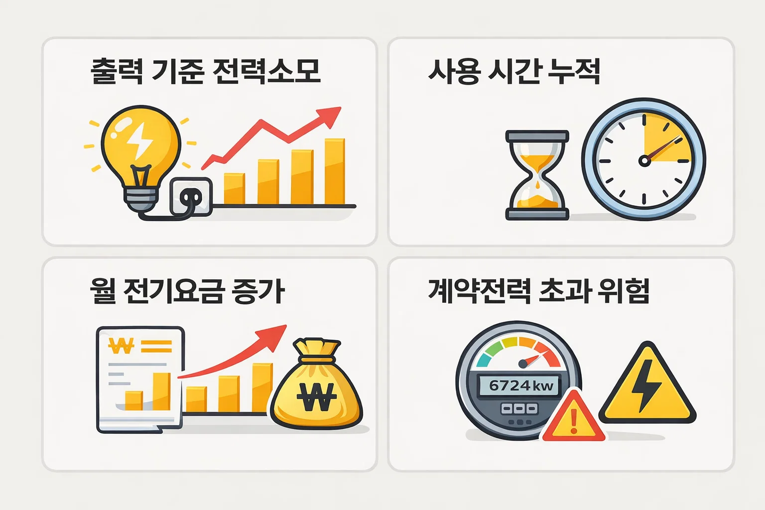 출력 기준 전력소모, 사용시간 누적, 계약전력 초과 위험이 요금 증가로 이어지는 과정을 한눈에 정리했습니다