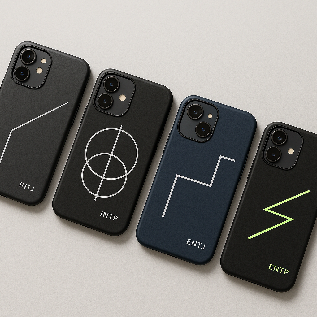 INTJ, INTP, ENTJ, ENTP용 스마트폰 케이스 네 개가 가로로 배열되어 있으며, 차콜과 블랙 계열 베이스에 얇은 라인 그래픽과 네온 포인트가 모던하게 배치됨
