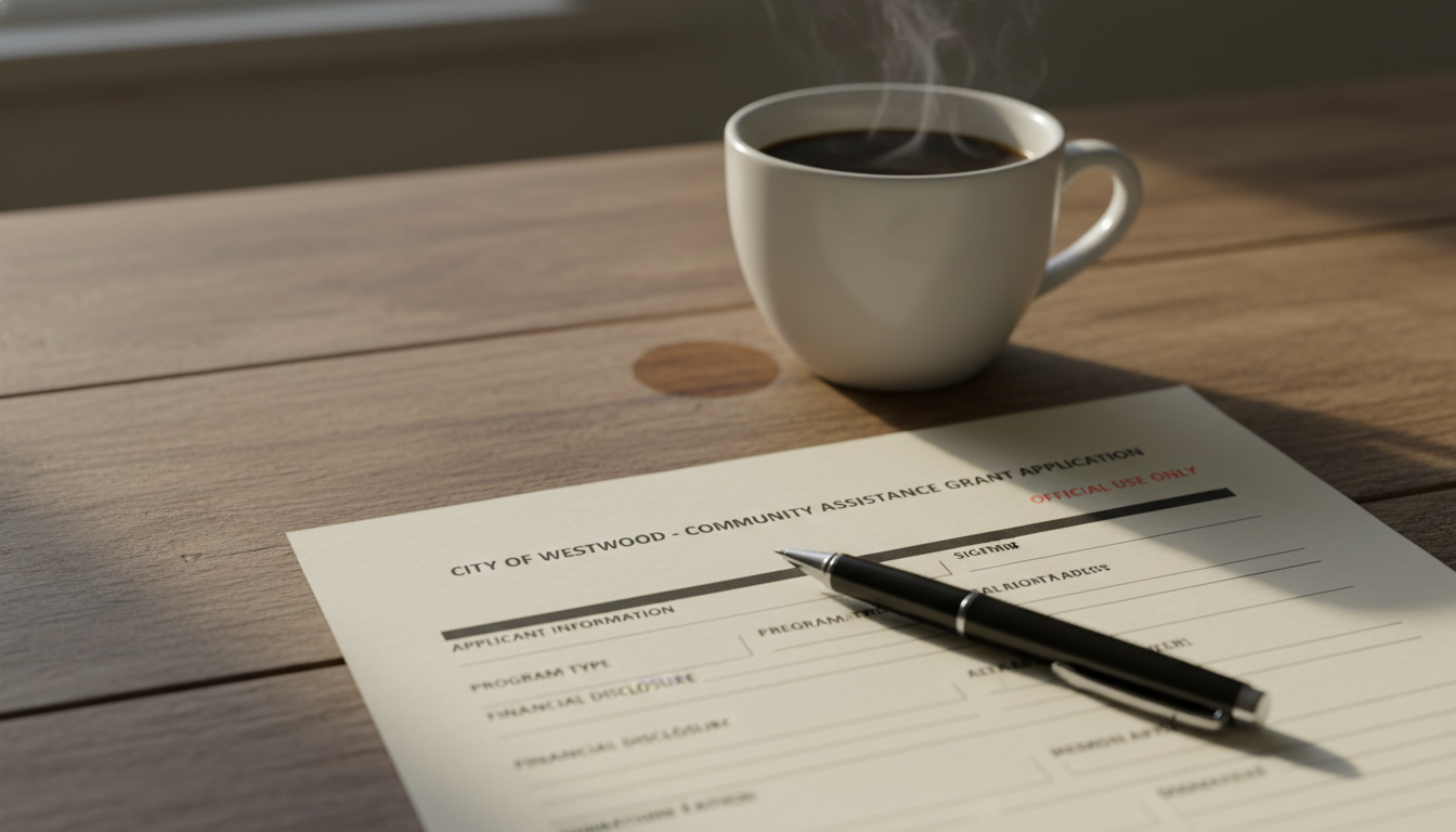 나무 테이블 위에 놓인 음식물처리기 지자체 지원금 신청 서류와 커피