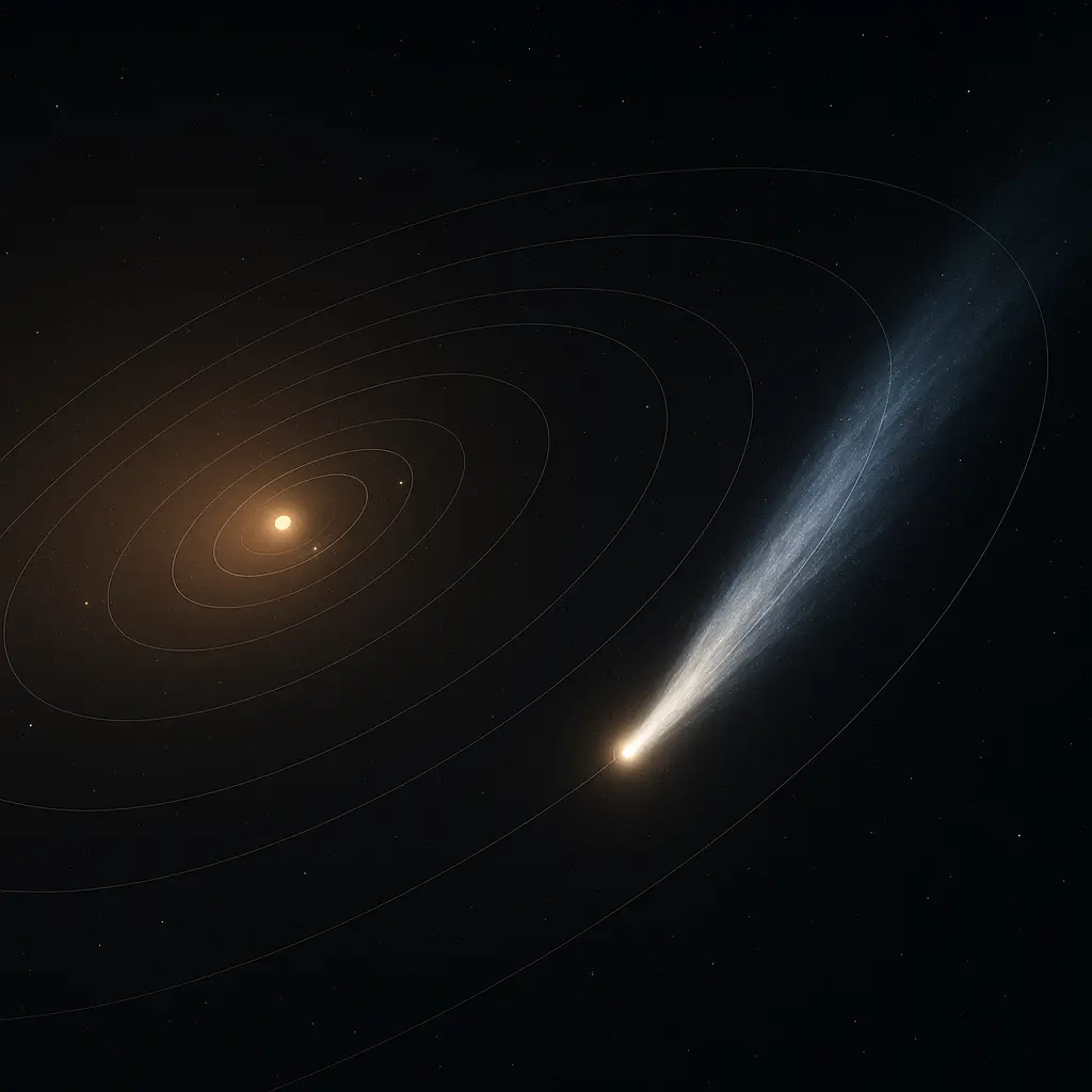 태양을 중심으로 긴 타원 궤도를 따라 이동하는 혜성의 실사형 이미지