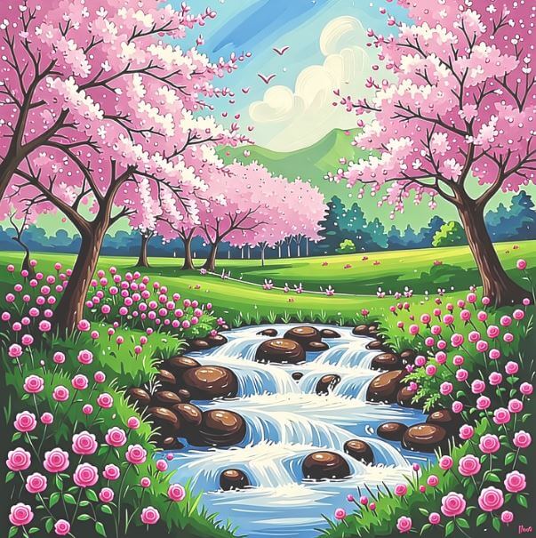 시냇물과 분홍빛 나무들