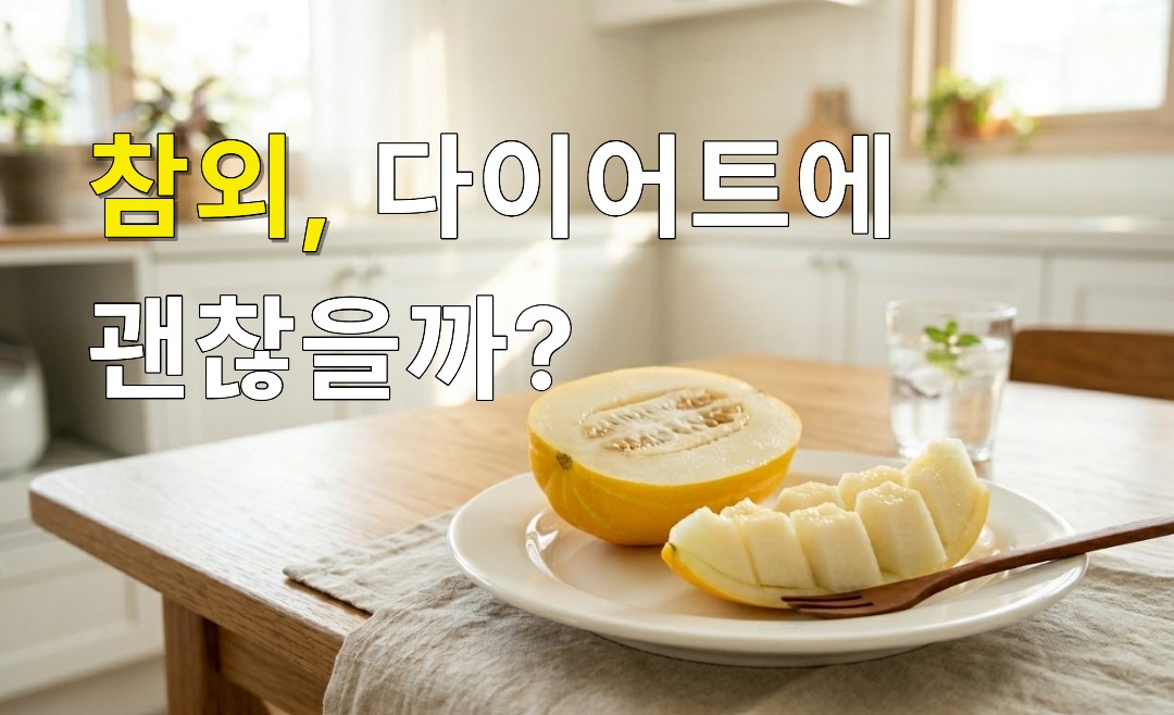 밝은 주방 식탁 위 접시에 담긴 반으로 자른 참외와 먹기 좋게 썬 참외 조각