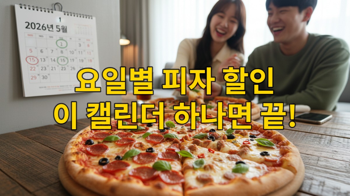2026년 5월 요일별 피자 할인 캘린더가 놓인 식탁 위, 다채로운 피자들이 가득한 모습. 사람들이 즐겁게 피자를 고르는 장면을 담아 피자 할인 정보를 강조하고 있다.
