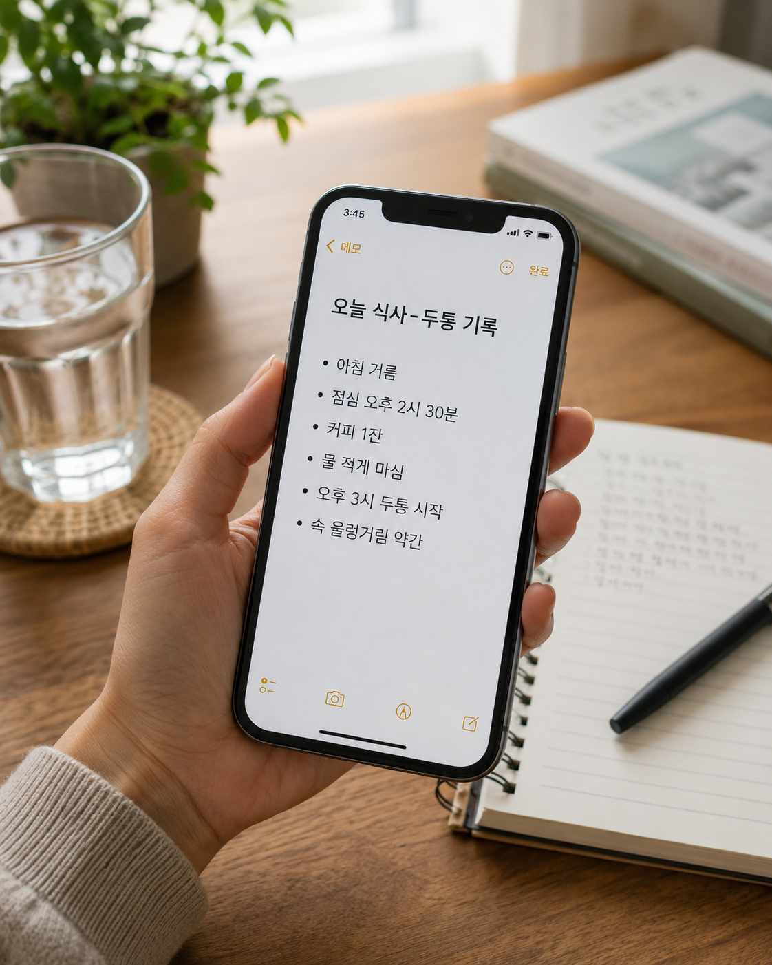 끼니를 거른 날 두통과 식사 흐름을 휴대폰에 기록하는 모습