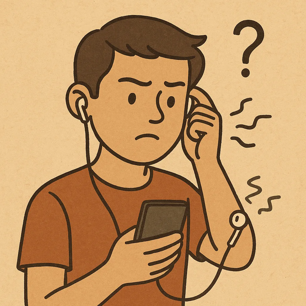 이어폰이-한쪽만-잘-들리는-이유를-상징적으로-표현한-일러스트-스마트폰을-든-남성이-이어폰-문제로-혼란스러워하는-모습