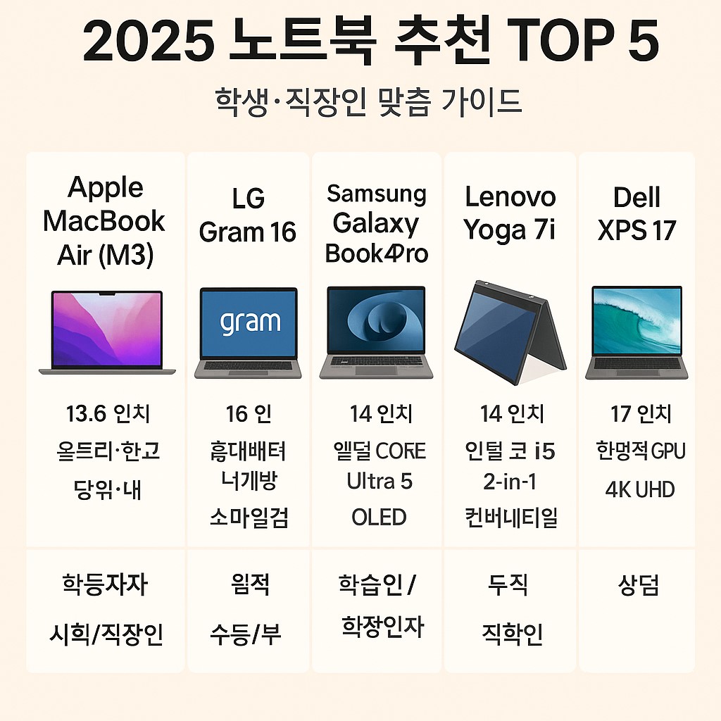 2025 추천 노트북 TOP 5 인포그래픽: 맥북 에어 M3, 갤럭시북4 프로, LG 그램, 씽크패드 X1 카본, 에이수스 비보북"