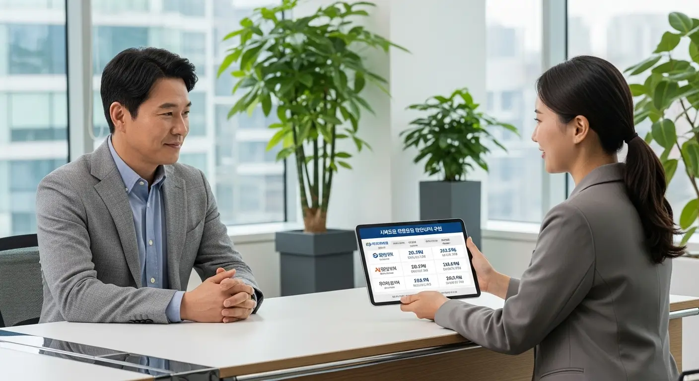 전문 컨설턴트와 함께, 자신의 상황에 맞는 최적의 전세퇴거자금대출 플랜을 보며 만족하는 모습