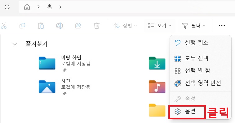 메뉴창 하단에 옵션 메뉴 보임