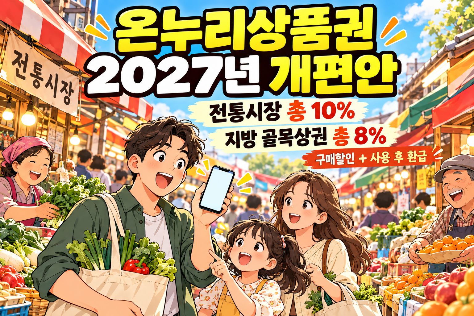 전통시장에서 스마트폰을 든 가족과 함께 온누리상품권 2027년 개편안의 전통시장 총 10%, 지방 골목상권 총 8% 혜택을 소개하는 웹툰 대표 이미지