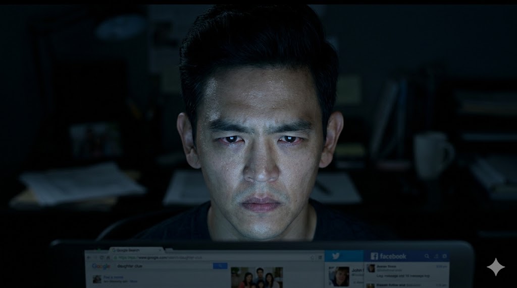 존 조가 어두운 방에서 노트북 화면을 심각하게 응시하는 클로즈업 샷