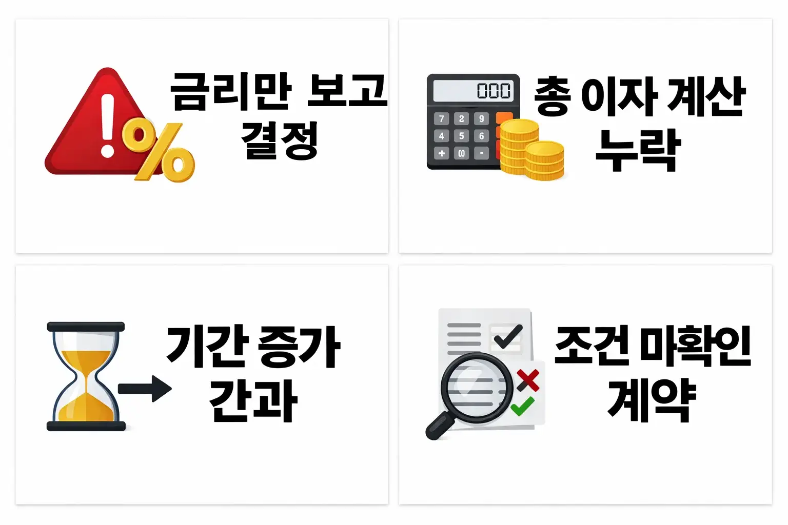 주택담보대출 갈아타기 시 금리만 보고 결정해 총 이자 계산과 계약 조건을 놓쳐 손해 보는 사례를 설명한 이미지