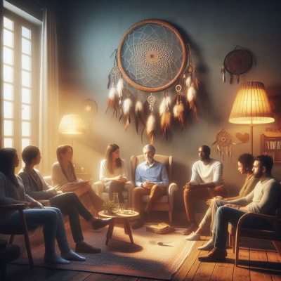 사람들이 편안하게 앉아 꿈에 대해 이야기하는 장면입니다.