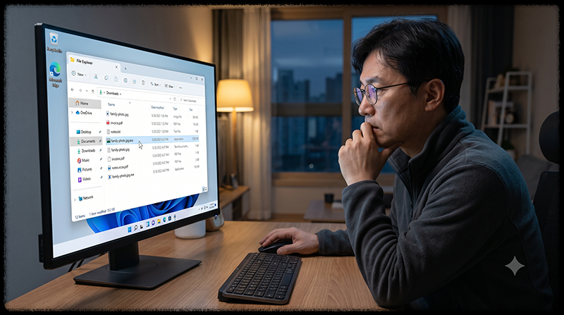 사진 파일처럼 위장했지만 실제로는 exe 확장자를 가진 의심스러운 파일