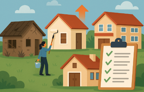 "지자체 빈집 활용 사업을 표현한 일러스트, 낡은 집이 리모델링 과정을 거쳐 새로운 주택과 공공시설로 변신하는 모습"