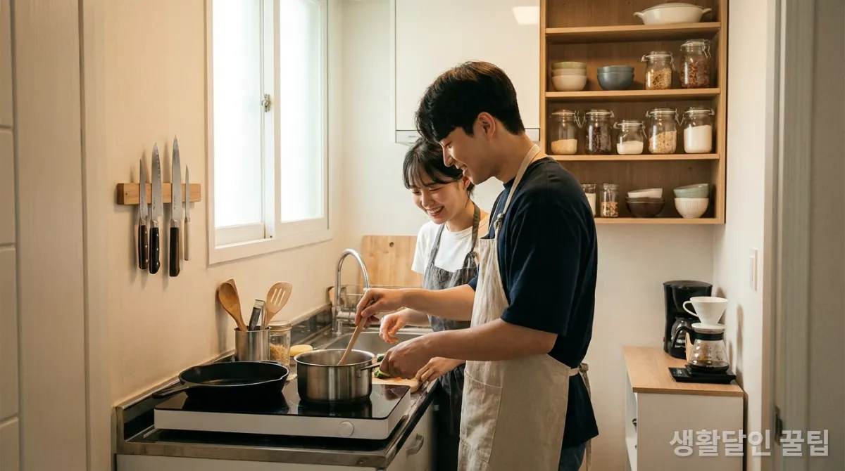 효율적으로 정리된 주방에서 요리하는 한국 학생 또는 신혼부부
