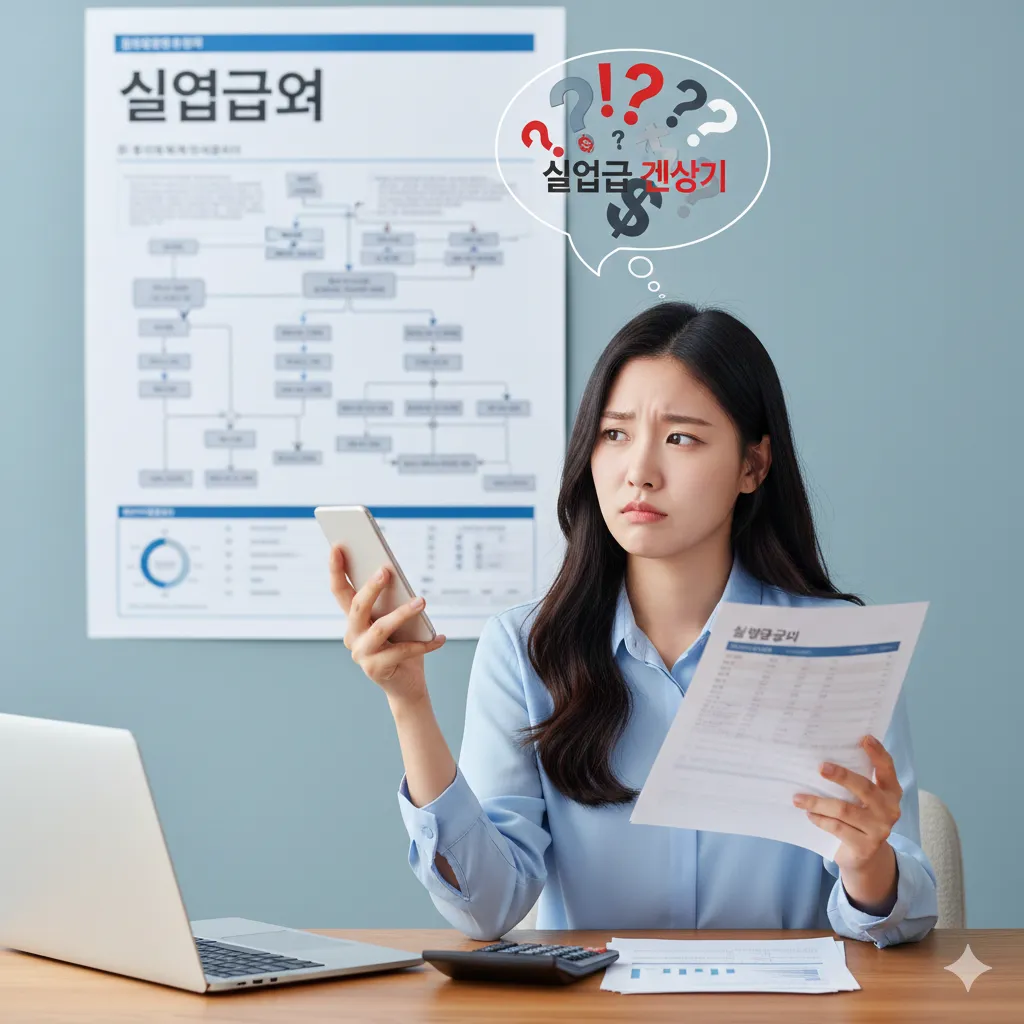 실업급여 금액 계산하는 모습과 급여명세서가 놓인 책상