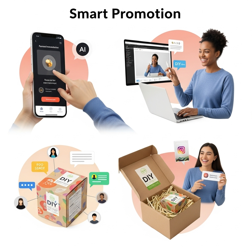 고객이 스마트폰으로 맞춤형 향 추천을 받고, 온라인 DIY 클래스에 참여하고, 친환경 DIY 키트를 언박싱하고, 소셜 미디어에 긍정적인 경험을 공유하는 등 다양한 활동을 보여줍니다