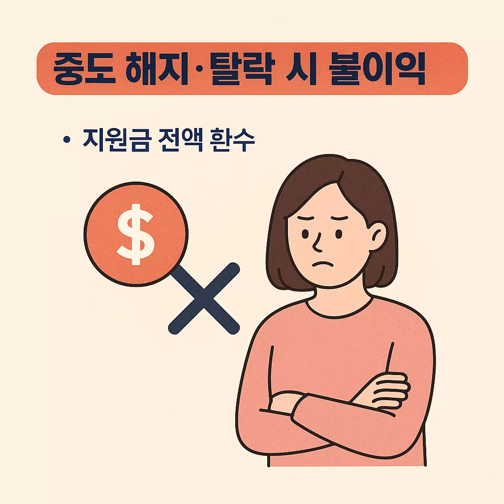 “청년내일저축계좌 중도 해지 또는 탈락 시 불이익 안내 이미지. ‘지원금 전액 환수’ 문구와 함께 불안한 표정의 여성이 등장하며, 빨간색 달러 기호와 X표가 강조되어 있다.”