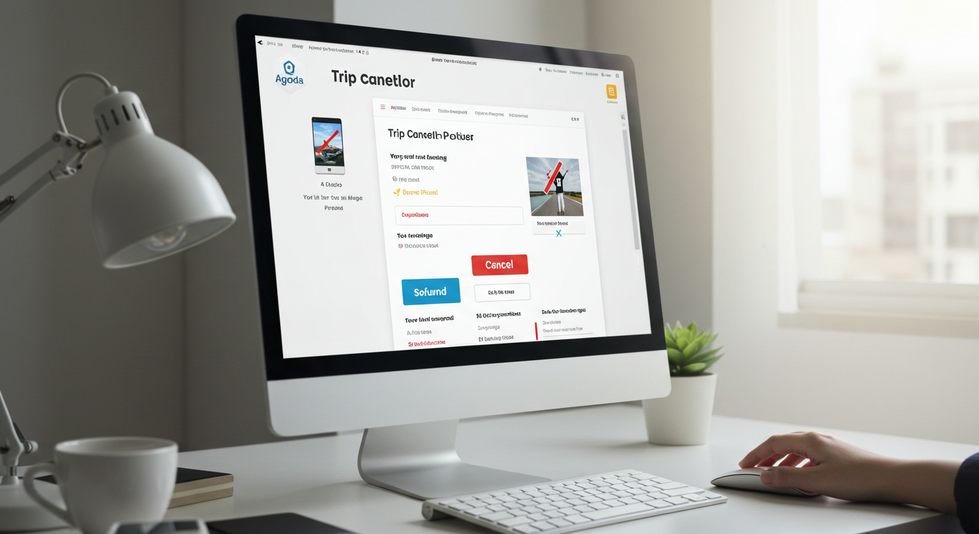 OTA 웹사이트에서 예약 취소 버튼을 클릭 중인 화면과 사용자의 손