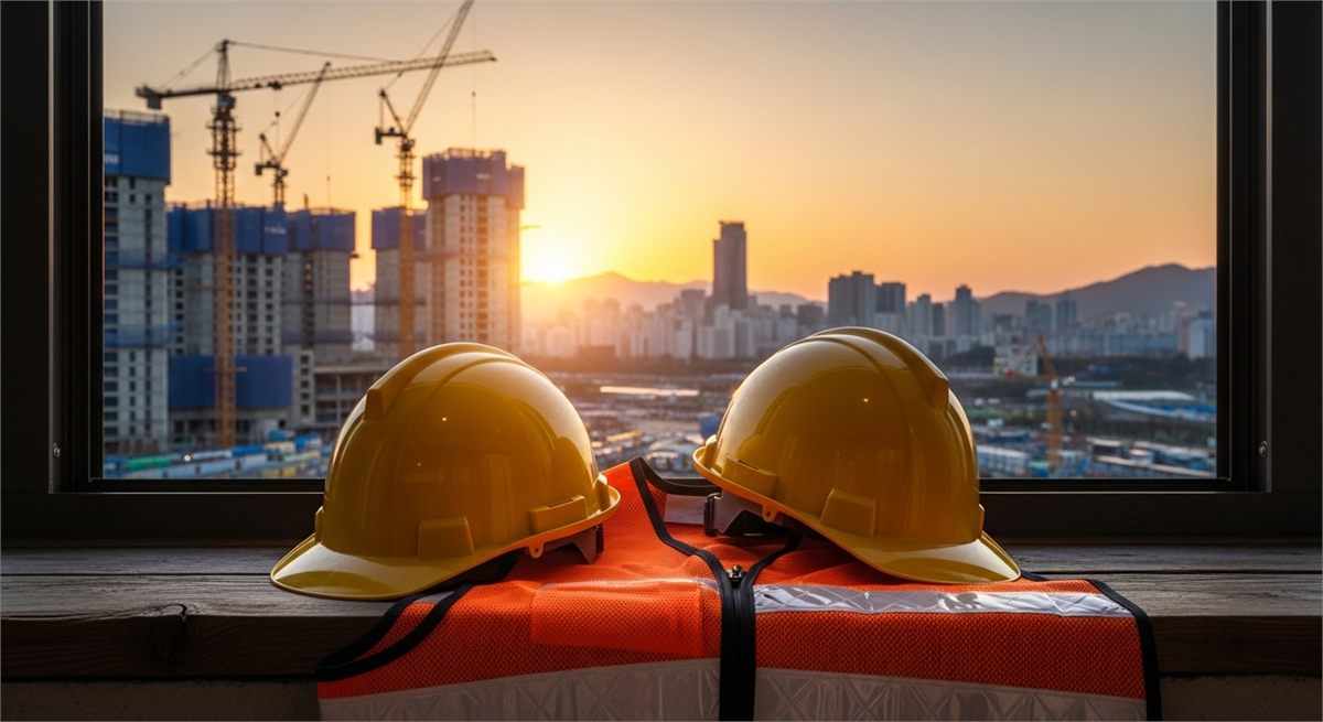 공사 현장을 바라보는 안전모와 조끼의 상징적 장면 