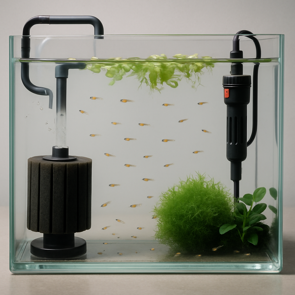 치어 전용 수조 안에 작은 투명한 치어들이 무리를 지어 헤엄치고 있으며, 좌측에는 원통형 스펀지 여과기, 우측에는 히터가 설치되어 있다. 바닥에는 모스와 수초가 배치되어 있고, 수조 전체는 맑고 청결하며 외부 자연광이 은은하게 퍼져 있다.